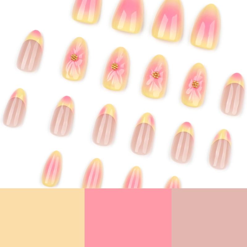 Long Wear French Artificial Nail 3D Flower Detail Yellow Coral Blend Easy Application Durability ABS Materials
