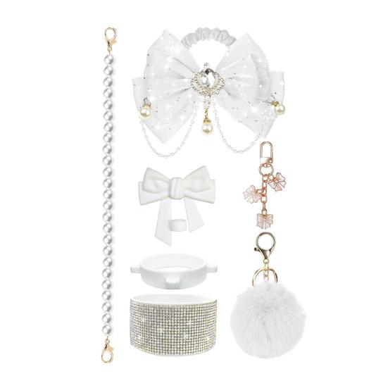 1 Set Tassenmanschette Funkelnde Strasssteine Imitierte Perlen Schleifen-Dekor Tassenzubehör mit Silikon-Bodenprotektor