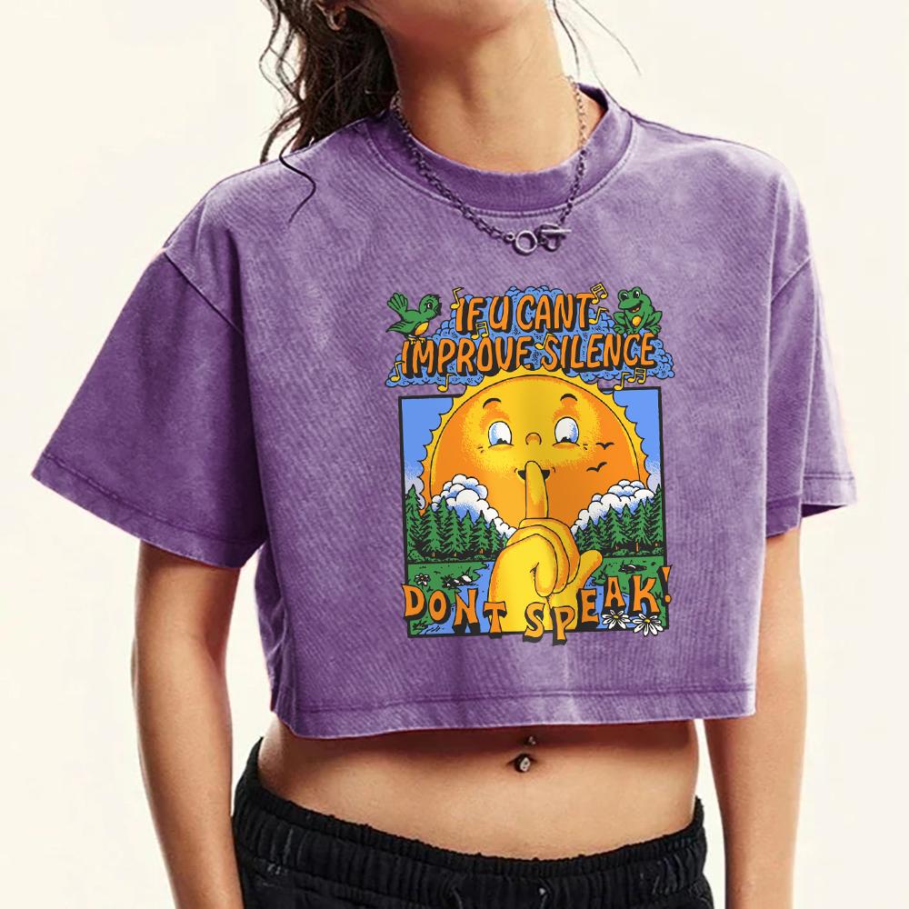 

Если не можешь улучшить тишину, не говори. Принт Женский кроп-топ с эффектом стирки уличный хлопок Футболки с круглым вырезом Фитнес футболка XL