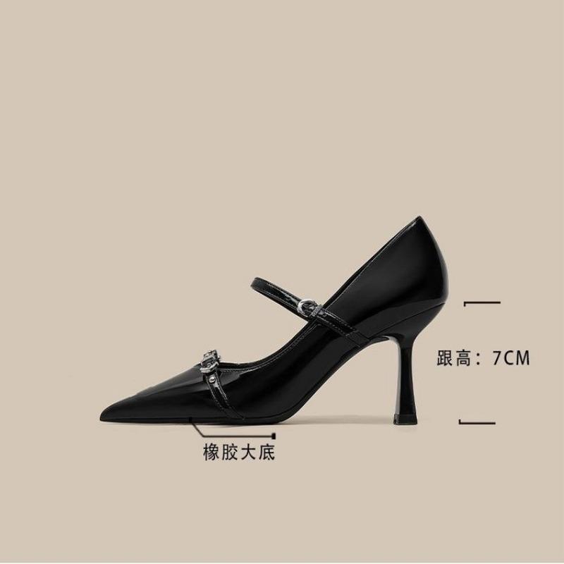 2026 New Summer French Black Pointed Patent Leather Mid-heel Overhead Sandals for Women Retro Skinny Heel Back Empty Shoes