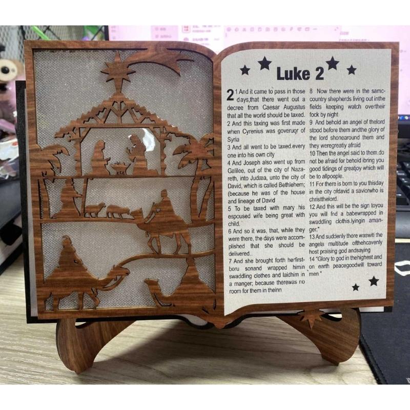 Unique Wood Carving Nativity Scene LED Book Ornament Showcasing Fine Craftsmanship and Cultural Value