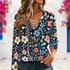 Women Plus Size Navy Blue Floral Printed V Neck Long Sleeve Eyelet Chain Lace Up Top