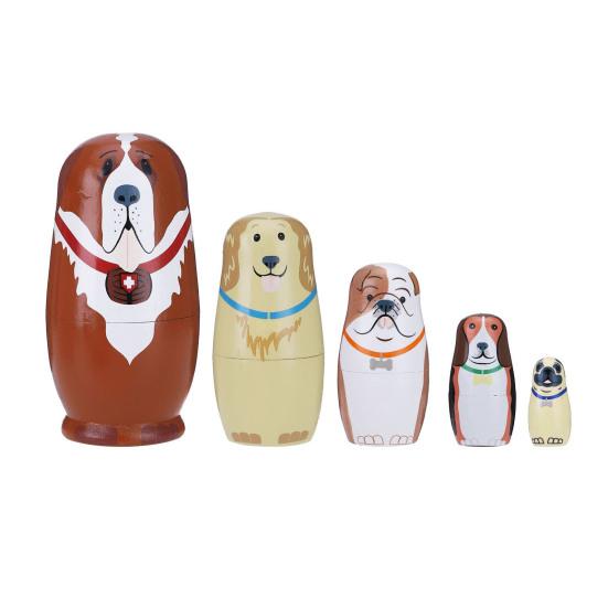 

5Pcs/Set Dog Russian Nesting Doll 5 Layers Handmade Wooden Matryoshka Puppy Stacking Toy Home Office Desktop Decoration Ornament 1 Set