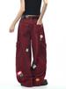 Burgundy Floral Embroidery Retro Cargo Pants - Unisex Loose Fit Denim with Wide Legs for Autumn