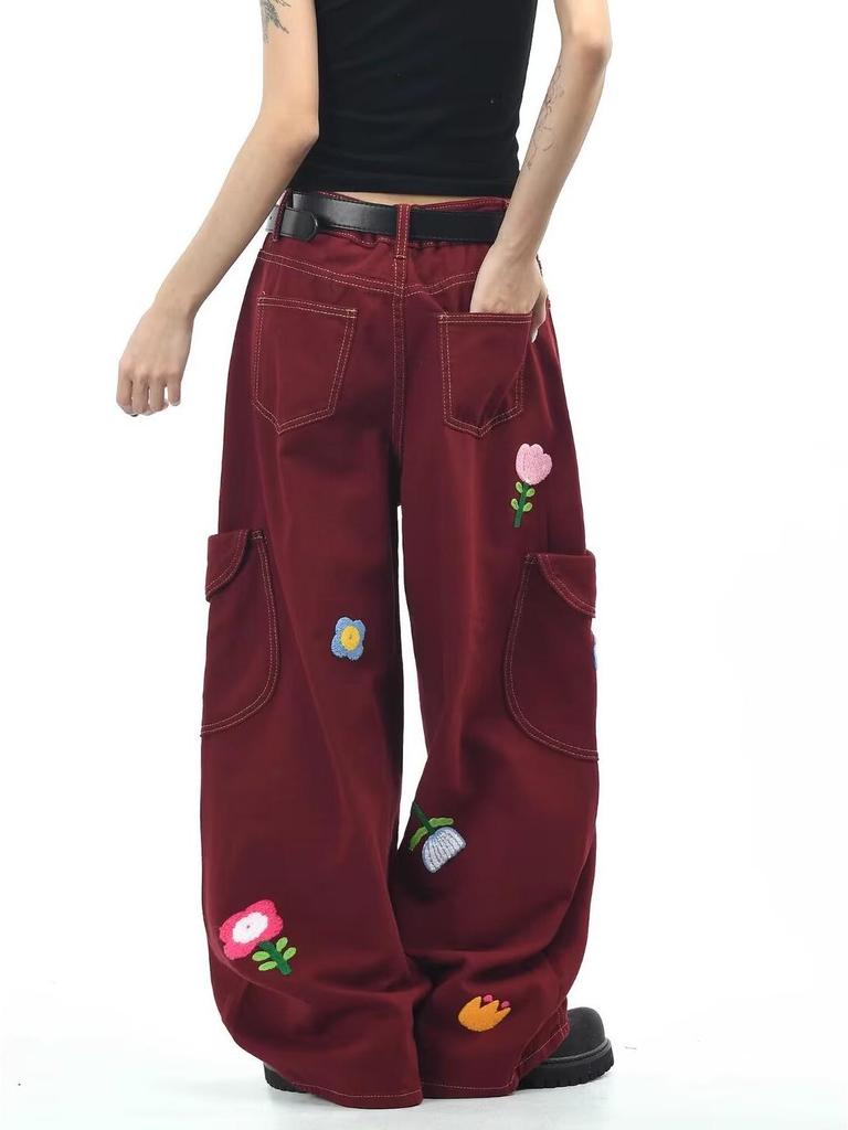 Burgundy Floral Embroidery Retro Cargo Pants - Unisex Loose Fit Denim with Wide Legs for Autumn