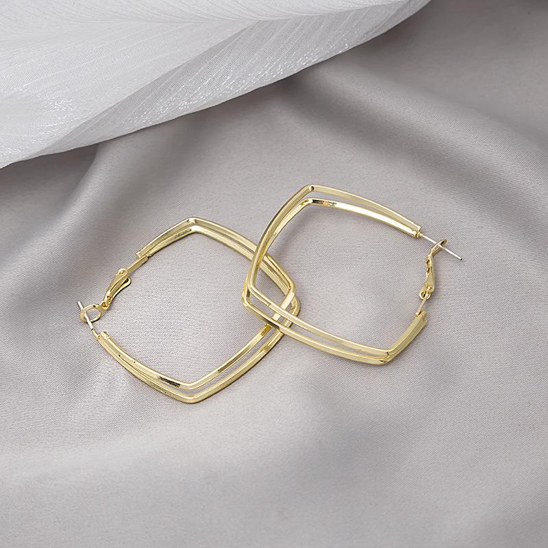 Silver Needle Double Layer Geometric Hoop & Square Ear Cuffs - Versatile European & American Fashion Rhombus Earrings