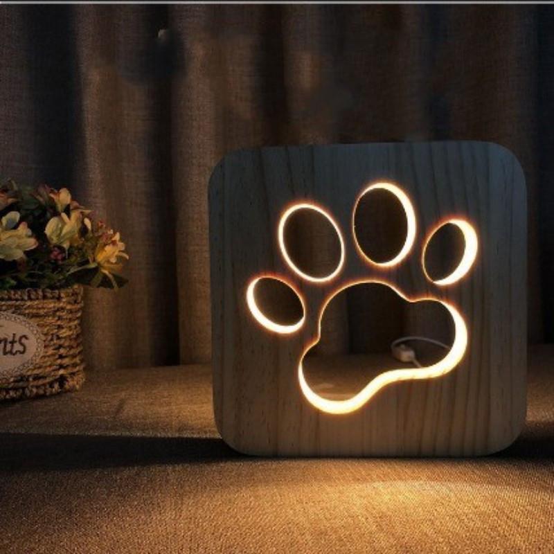 1PC USB Powered Cat's Paw Wooden LED Night Light, The Texture of The Log Is Warm and Soft, and It Can Be Used As A Bedroom Table Lamp