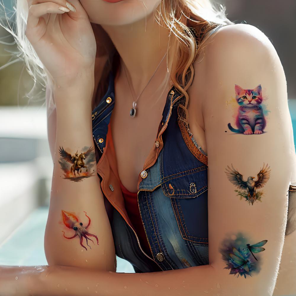 28 Stück Temporäre Tattoos Fantasiewesen Wasserdicht Langanhaltend Körperaufkleber Tierdesigns Aquarell Für Arme Wangen