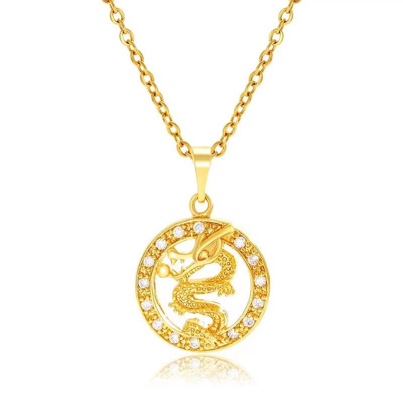 Year of The Dragon National Trend Retro Zodiac Dragon Round Card Pendant Necklace