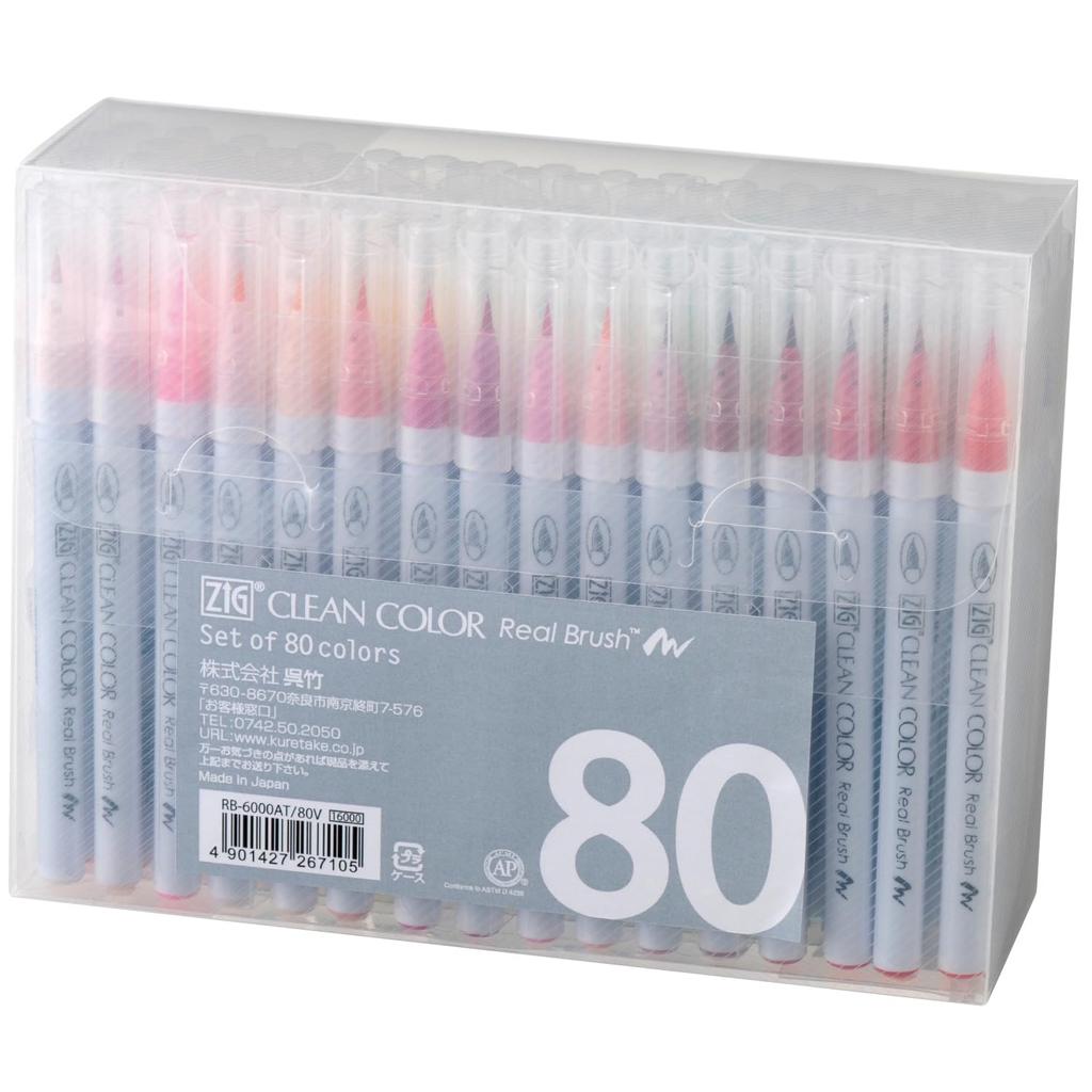 Kuretake Color Brush Pens ZIG Clean Color Real Brush Set, 80 barev - RB-6000AT/80V