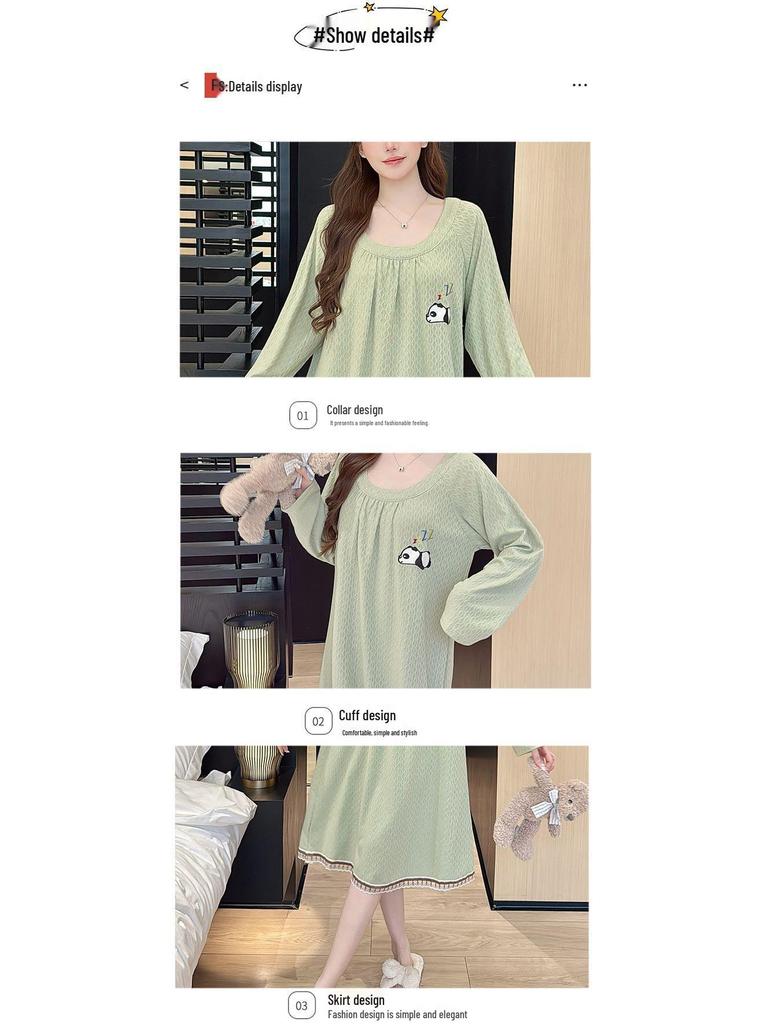 Jacquard Sweet Princess Long Sleeve Mid-Length Lazy Sleepdress, Plus Size, Spring & Autumn