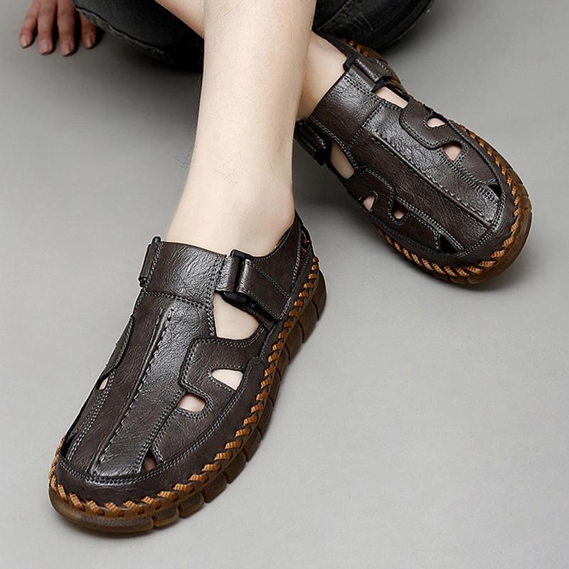 Fashion Handmade Summer Sandals Slip on Men Sandals Leather Hollow Out Men Shoes Male Comfortable Casual Footwear All-match Stylish Men