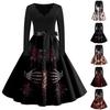 Women's Vintage V-Neck Long Sleeve Swing Dress with Halloween Print for Party Costume