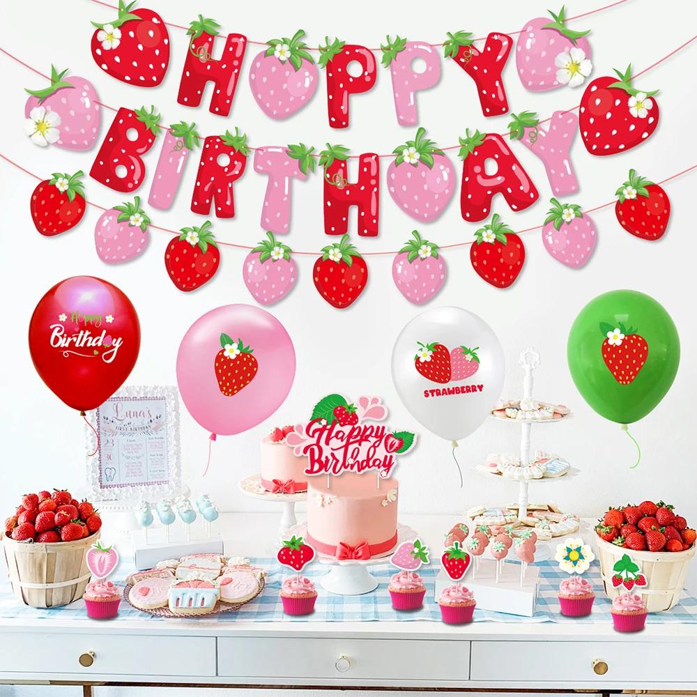Runtow 38pcs Strawberry Balloon Birthday Party Decoration Strawberry Flag Cake Card Insertion Balloon Decoration