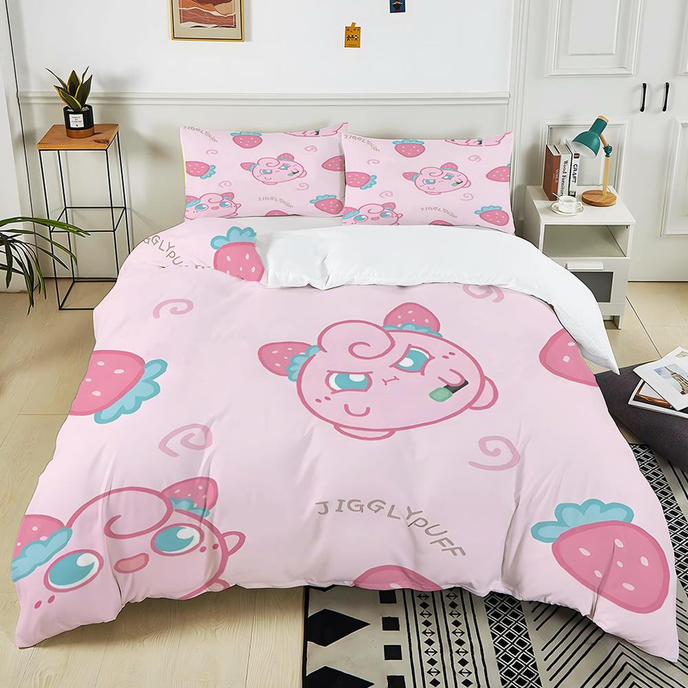 Next Day Shipping P0kem0n Jigglypuff Print Pink Bedding Set 3PC 1 Duvet Cover 2 Pillowcases Adult Kids Bedding Set Comforter Set
