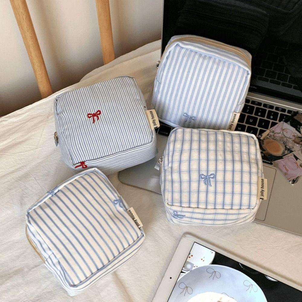 Mini Neceser de Cuadros Rayados Forma Cuadrada Bordado Bolsita para Guardar Labiales Cierre de Cremallera Multifuncional