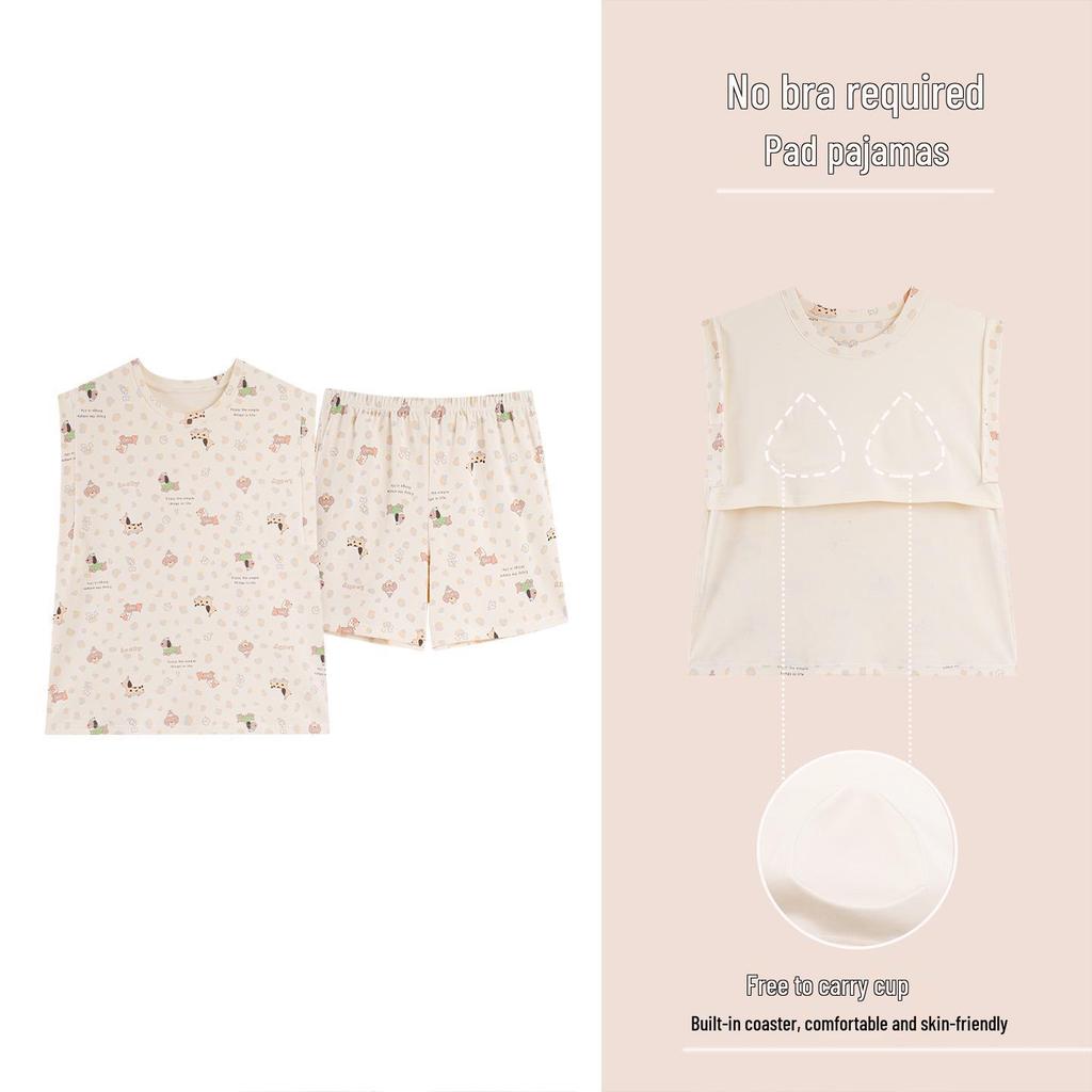 Women's 100% Cotton Summer Pajama Set - Sleeveless Tank & Shorts with Cute Cartoon Design and Chest Pads