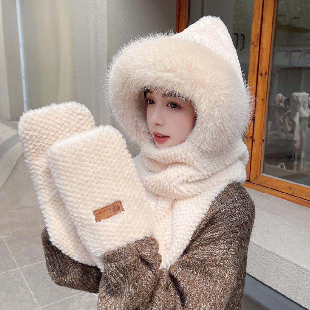 Thickened Plush Women Beanies Cap Cute Bear Ear Integrated Cap Scarf  Autumn Winter