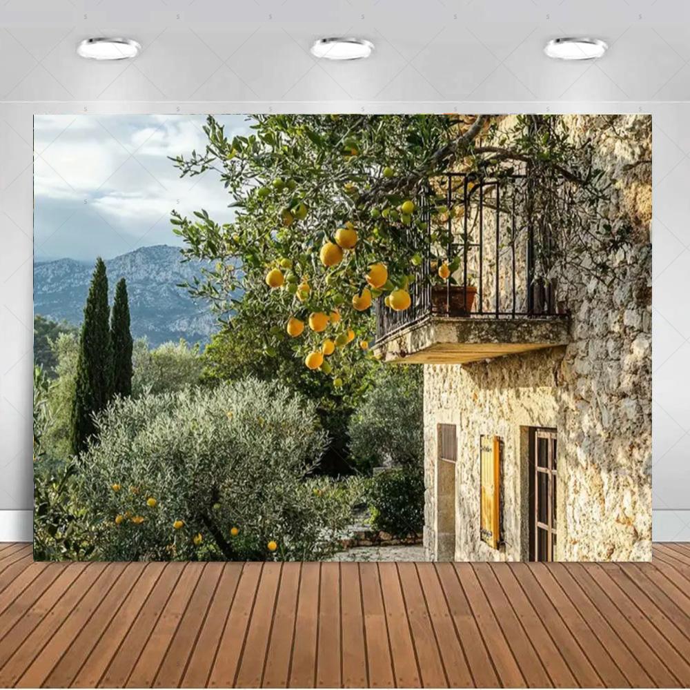 Seaside Town Lemon Tree Background Banner Open Window Landscape Backdrop Supplies Photography Prop Birthday Party Decorations