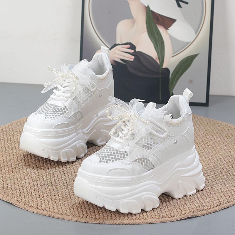 Fashion 11CM  Air Mesh Microfiber Leather High Brand Comfy Chunky Sneaker Lace Up Shoes Sandals Women Platform Wedge Fashion Summer