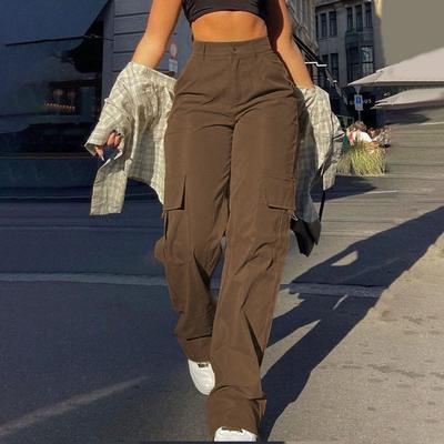 Damen Streetwear Mehrere Taschen Cargo Gerade Beine Hohe Taille Schmale Passform Arbeits Hose