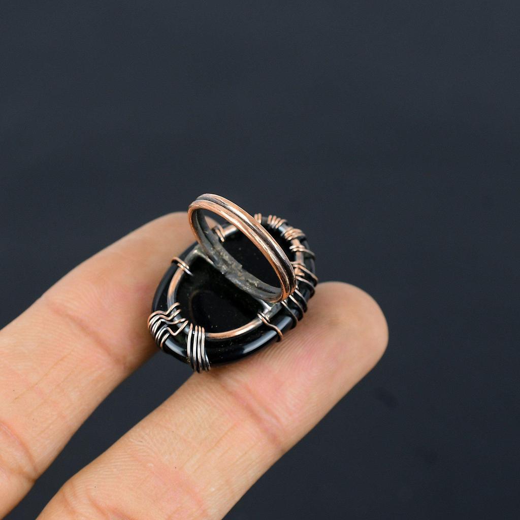 Baum des Lebens Schwarzer Onyx Edelstein Kupferdraht gewickelt handgefertigter Schmuckring als Geschenk