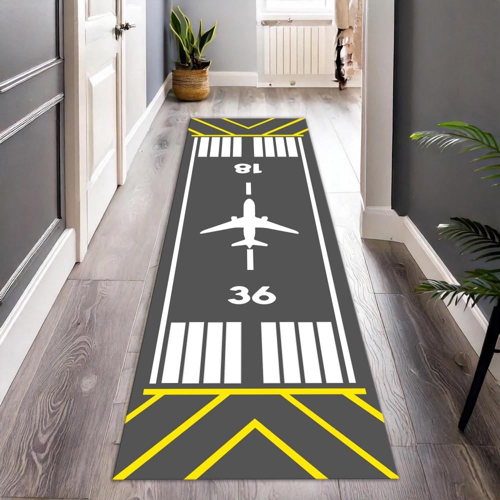 Alfombra Runner Larga para Pista de Aeropuerto, Antideslizante, Lavable, Alfombrilla de Cocina, Base Negra con Gráfico de Avión, Alfombra para Pasillo, Recibidor
