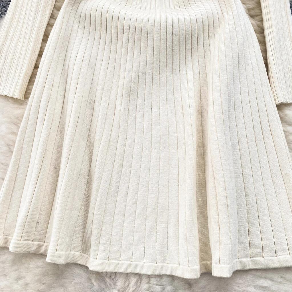 Strikket kjole Kvinner Høst og Vinter Ny High Sense Elegant midje Klem Slanking Temperament Lapel Genser Kjole