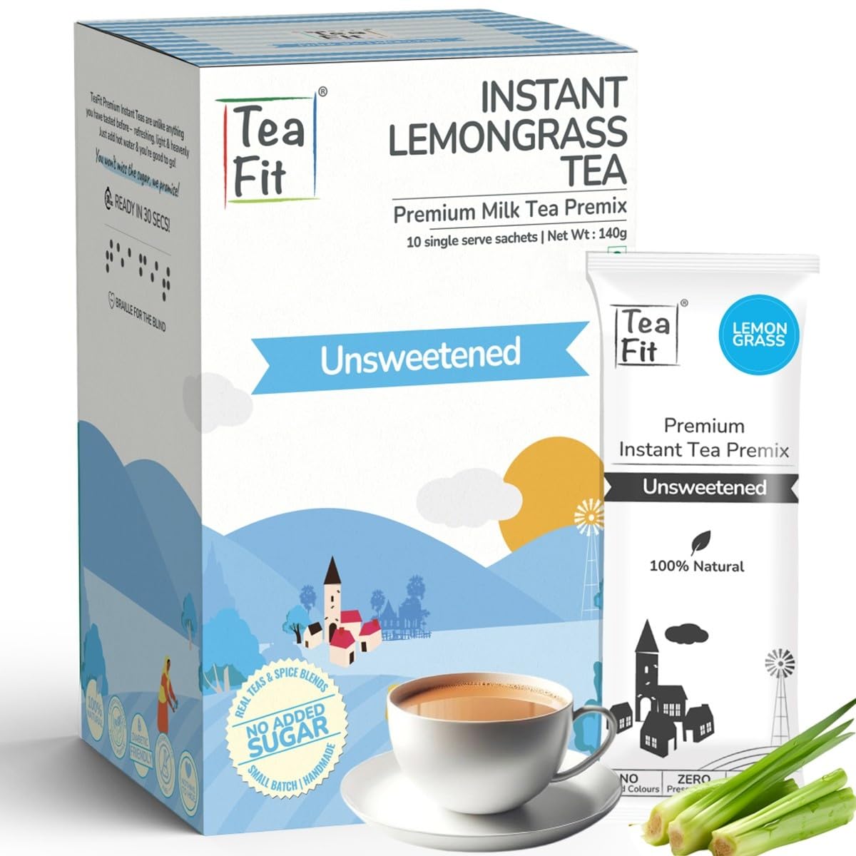 TeaFit Premium NO SUGAR Instant Lemongrass Tea Premix | Pack of 10 Sachets (140gm) | Real Milk & Lemongrass | Milk Tea Premix | Diabetic Fr