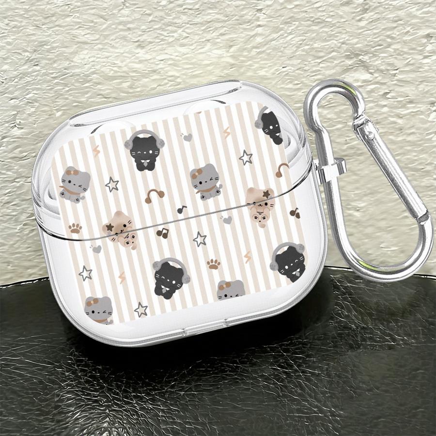Case For Samsung Galaxy Buds 3Pro Live 4 Pro 2 2Pro 4Pro 3 FE Clear Earphone Cases Cover With Hook Grid Cartoon Cat