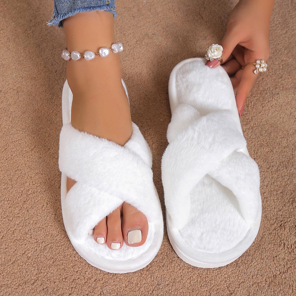Crossed Plush Slippers Autumn and Winter Four Seasons Indoor New Warm Leak Toe Fluffy Slippers