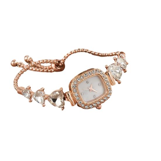 

Women Rhinestone Bracelet Watch Small Square Dial Analog Quartz Wrist Watch Love Heart Chain Ladies Dress Watch with Adjustable Strap