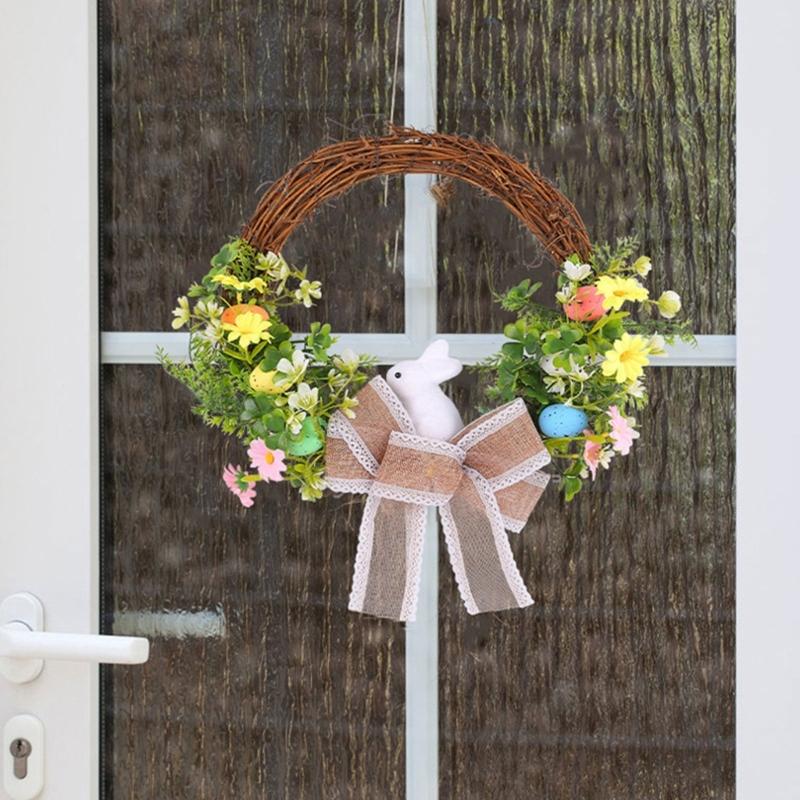 Easter Wreath for Front Door Home Decorations Photoshoots Bowknot Wreath Hanging Decor Easter Rabbit Wreath Ornament