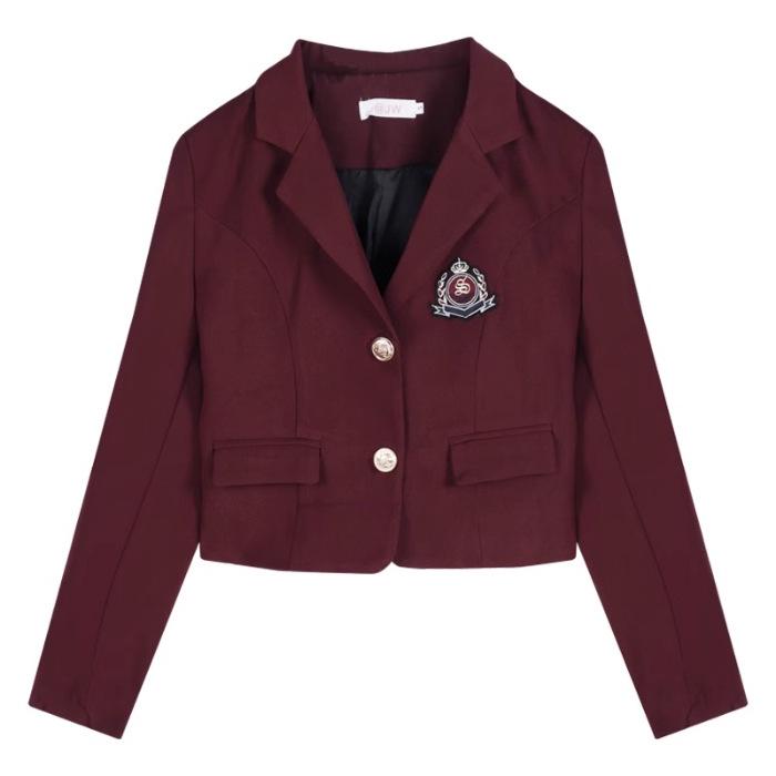 

Бордовый женский короткий пиджак - весенний студенческий стиль, топ JK с длинными рукавами Burgundy suit (with lining)