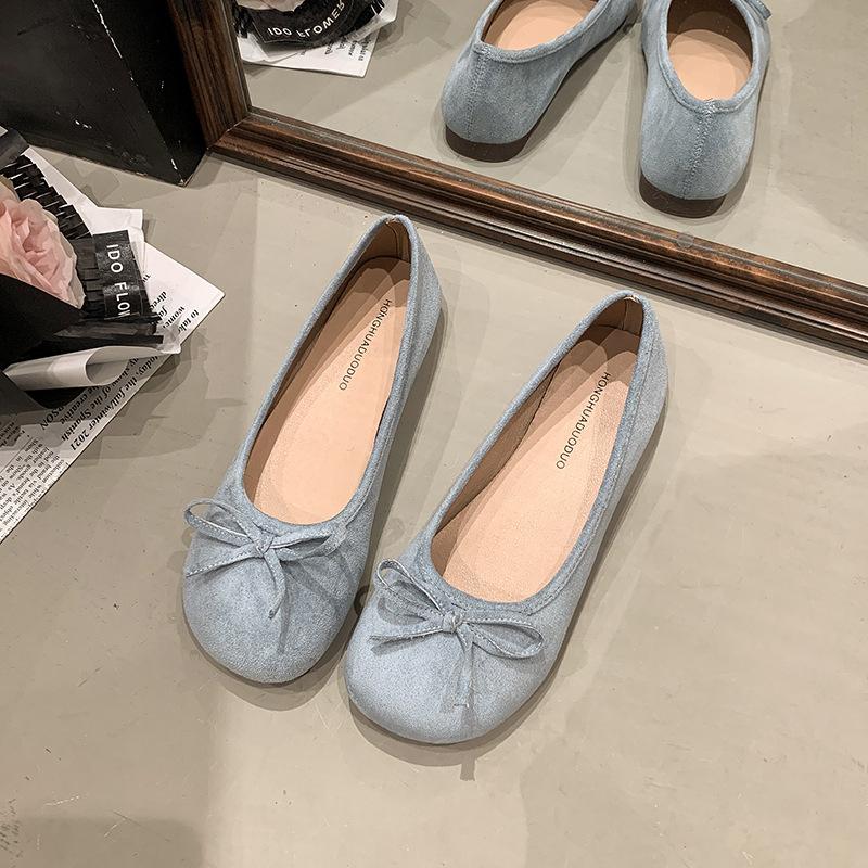 Französische Wildleder Schleife Ballerinas Frühling und Sommer neu sanfte Ein-Pedal weichgesichtige Damen Flats Tide