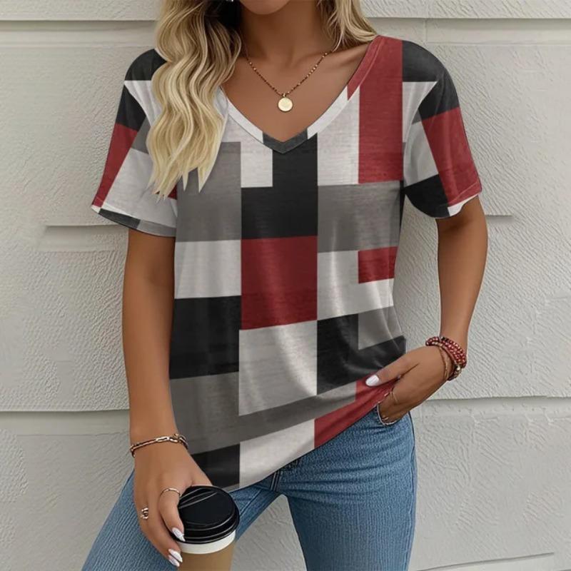 Women's V-neck Short Sleeved 3D T-shirt Checkered Print Summer Clothing Striped Women's T-shirt Street Top