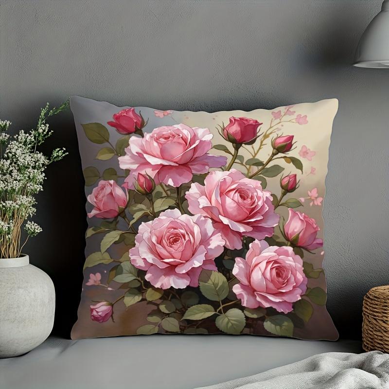 1Pc Pink Rose Floral Flower Themed Printed Throw Pillow Cover, Suitable For Sofa, Bedroom, Living Room, Romantic Gift For Women.