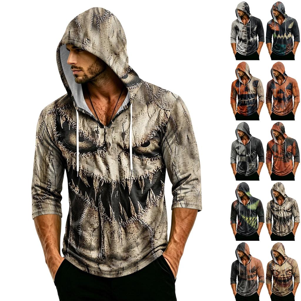 Men's Loose Fit Hooded Three-Quarter Sleeve Halloween Print Pullover