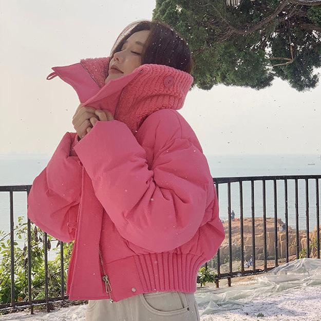 Women's Knitted High Neck Petite Winter Down Jacket - Trendy White Duck Down Streetwear Coat