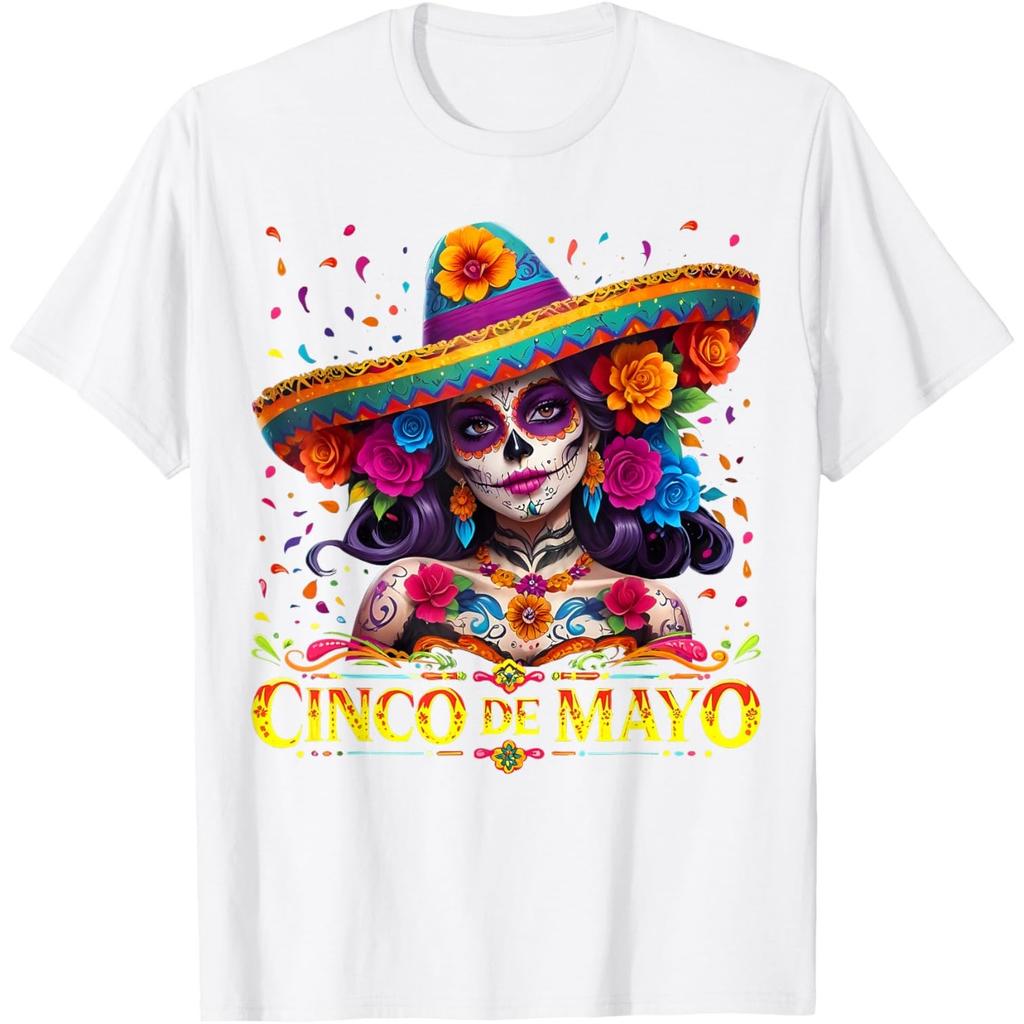 Cinco De Mayo Sugar Skull Women Sombrero Graphic T-Shirt Casual Cotton Tee