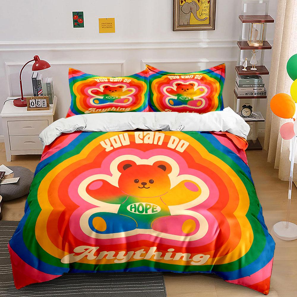 Colorful Bear with Hope Message Bedding Duvet Cover Set Duvet Cover Pillowcases (1*Duvet Cover 2*Pillowcases, without duvet insert)