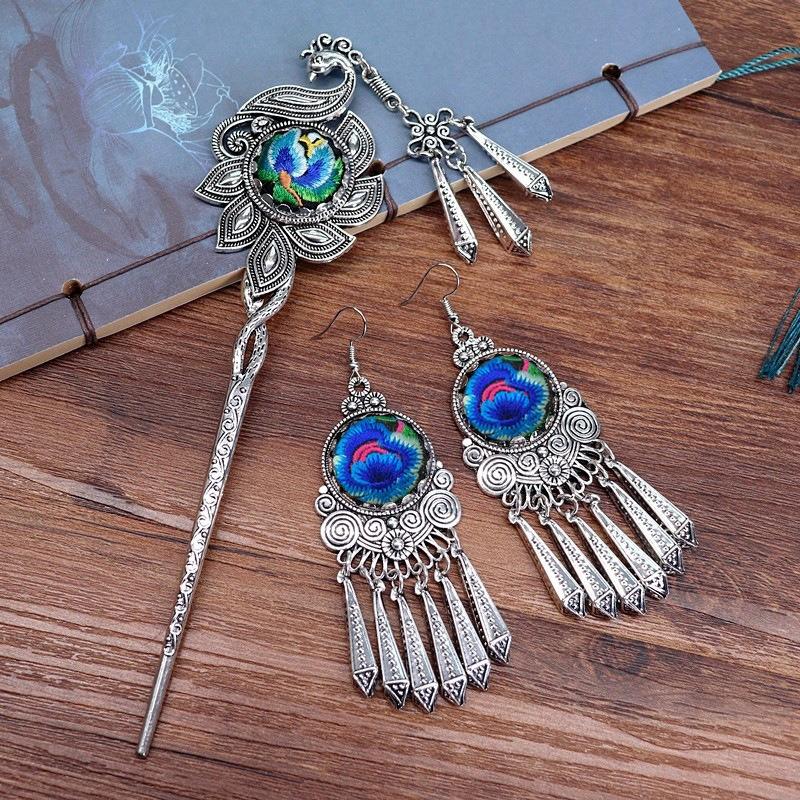Vintage embroidery earrings hairpin classical temperament Miao peacock flower fringed earrings hair accessories set women