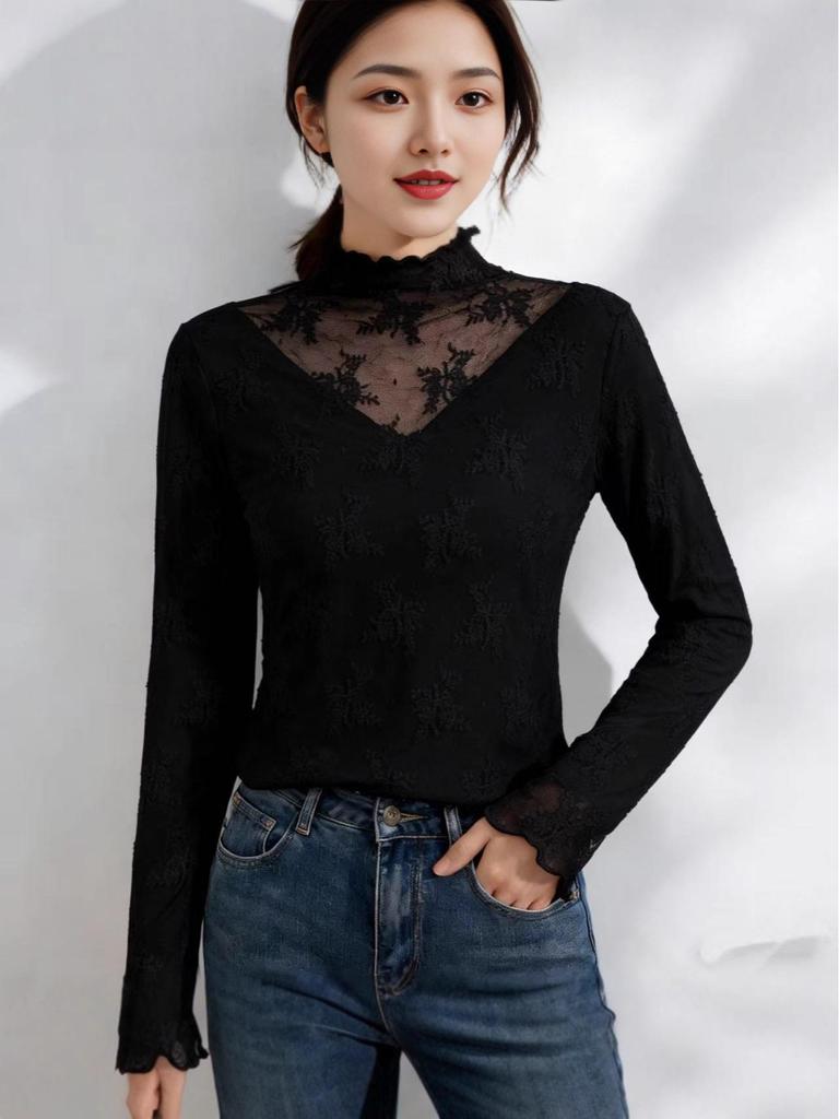 Women's High-End Lace Base Layer Top, Autumn/Winter, Velvet Warmth, Mesh Jacquard Collar, Slightly Sheer, Stylish Design