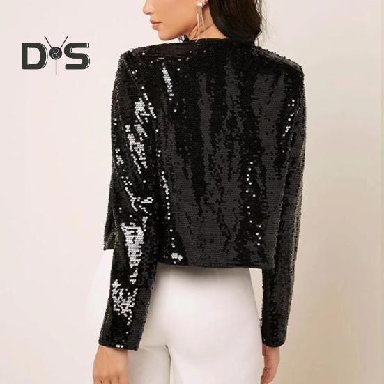 Kvinner Fest Paljettfrakk Rundhals Åpen søm Cardigan Langermet Kort Type Ensfarget Stage Performance Club Dance Jakke