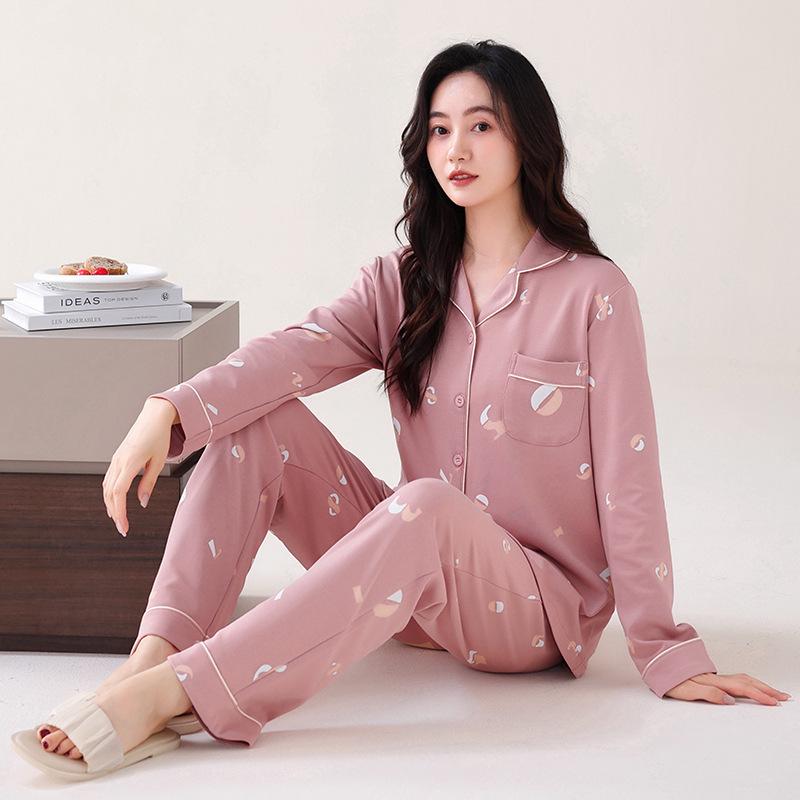 Women's Long Sleeve Lapel Cardigan Pajama Set - Pure Cotton, Casual Home Wear, Can Be Worn Outside.