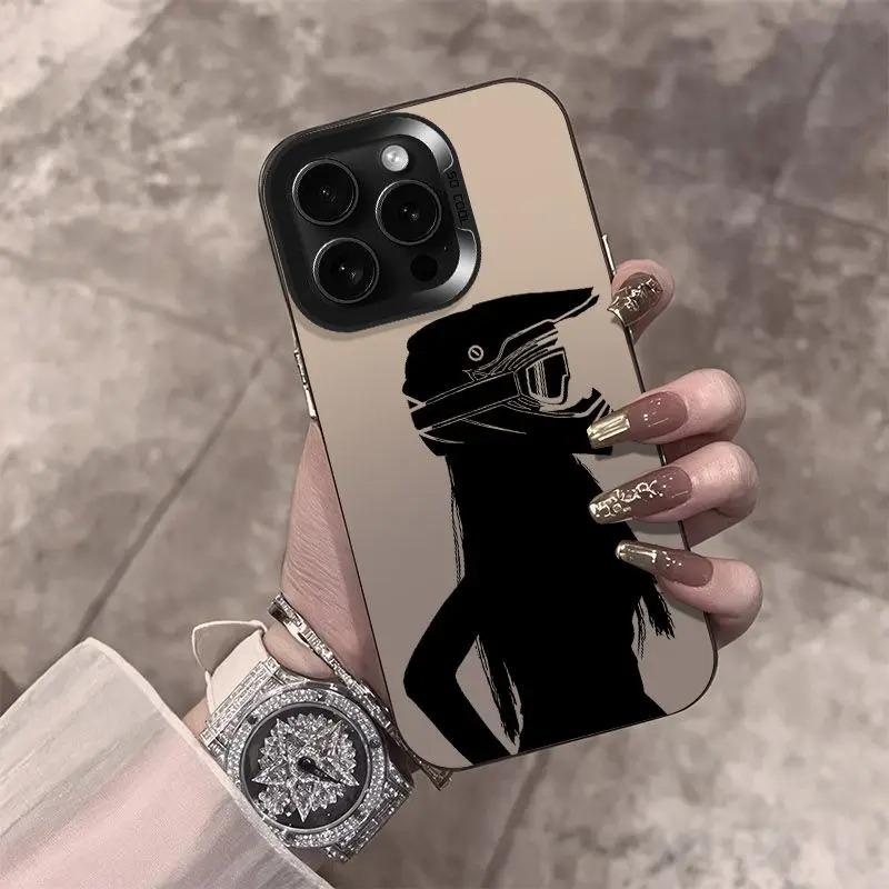 Silhouette Design of a Girl with Long Hair Wearing a Motorcycle Helmet Phone Case For iPhone 17 Pro Max 16 15 14 13 12 11 Cover