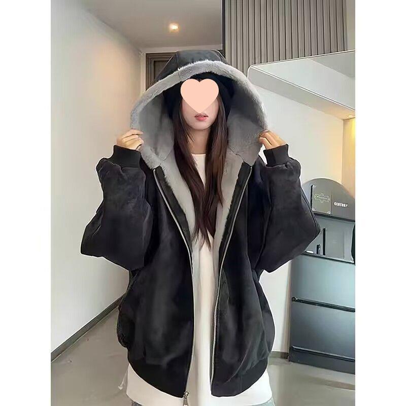

Unisex American-Style Thick Hooded Fleece-Lined Winter Coat with Faux Fur L, recommended 111-125 jin чёрный