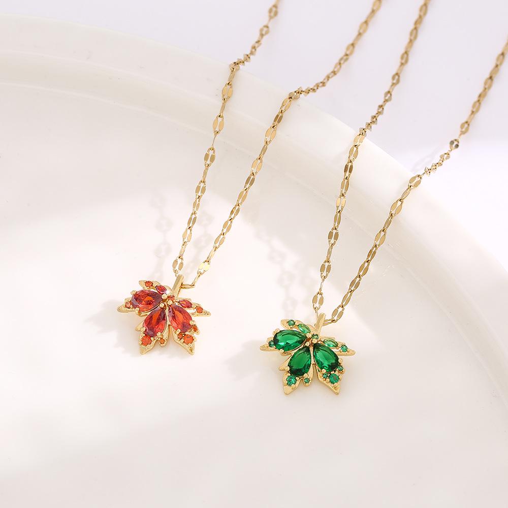 Purple Maple Leaf Zircon Necklace - Fashionable, Simple, Fade-Resistant Titanium Steel for Women