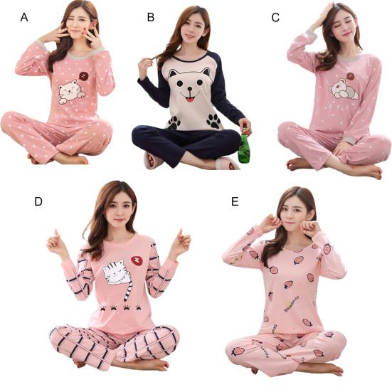 2 Pcs/Set Women Pajamas Set Crew Neck Thermal Soft Stylish Sleepwear Elastic Waist Winter Nightie for Home Wear