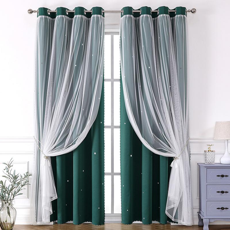 Lace Sheer+Blackout Curtains Double Layer Star-Pattern Drapes Sun Filtering Window Sheers Elegant Living Room Bedroom Decor